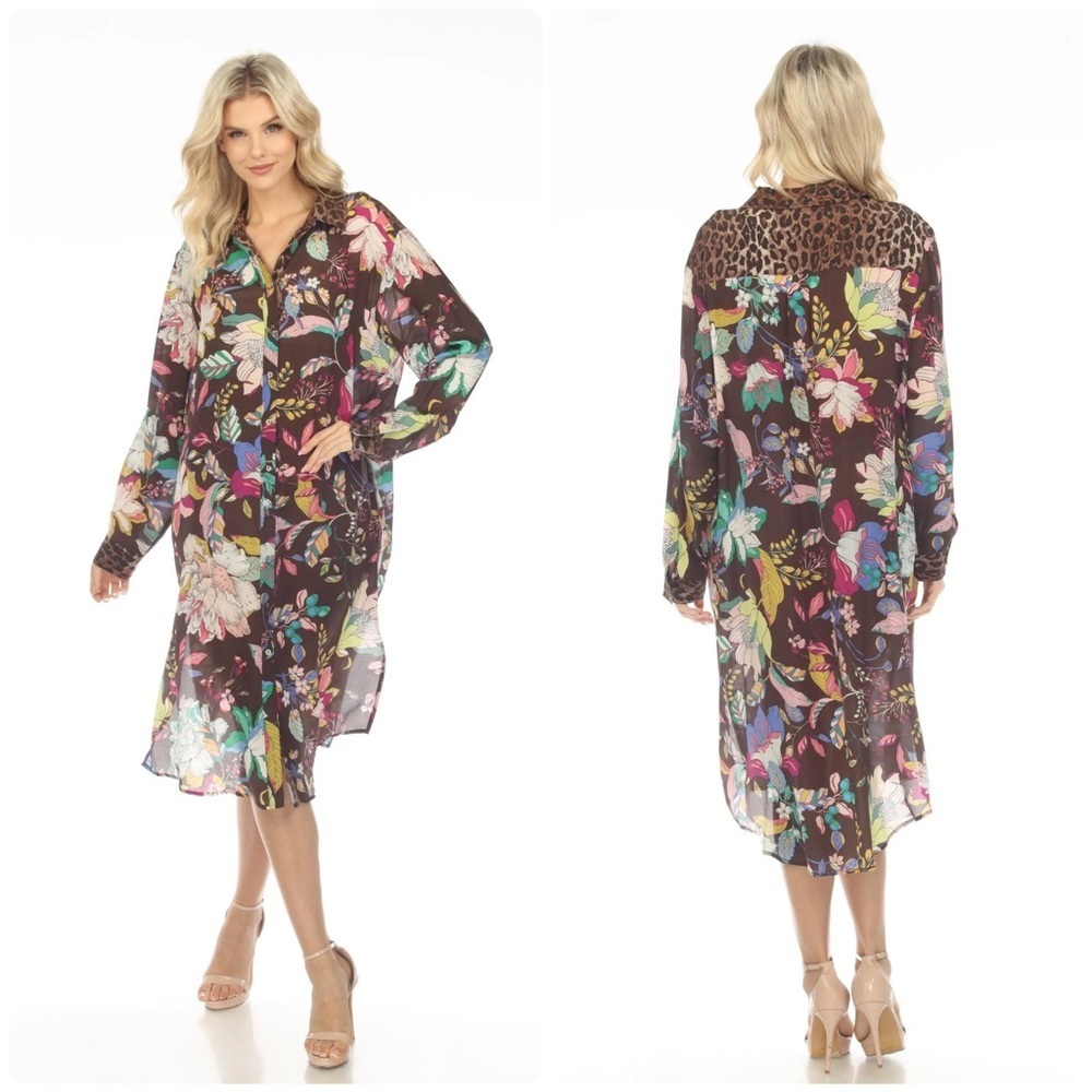 New! Johnny Was Arabella Relaxed Overshirt Tunic Leopard Floral Silk Dress ๐ค S - Picture 2 of 16